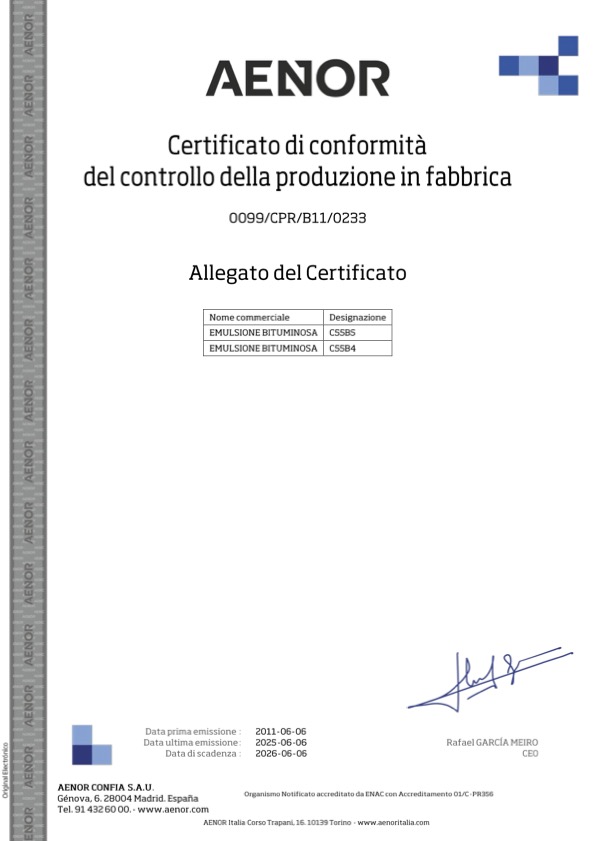 Certificato Conformità CE EMULSIONI BITUMINOSE - 0099/CPR/B11/0233